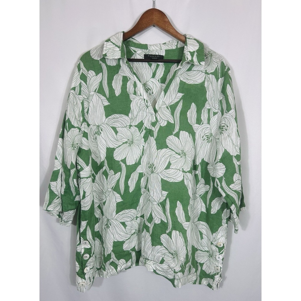 Tahari 100% Linen Tunic Top 1X Tropical Floral Boho Beachy Coastal Resort Cruise